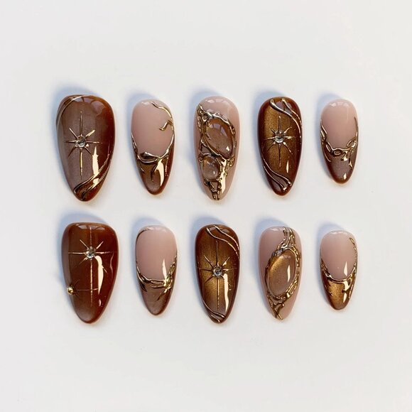 Hand Crafted Other - Fall Cat Eye Amber Press on nails short almond nails/Glitter Nails/Sparkle Nails